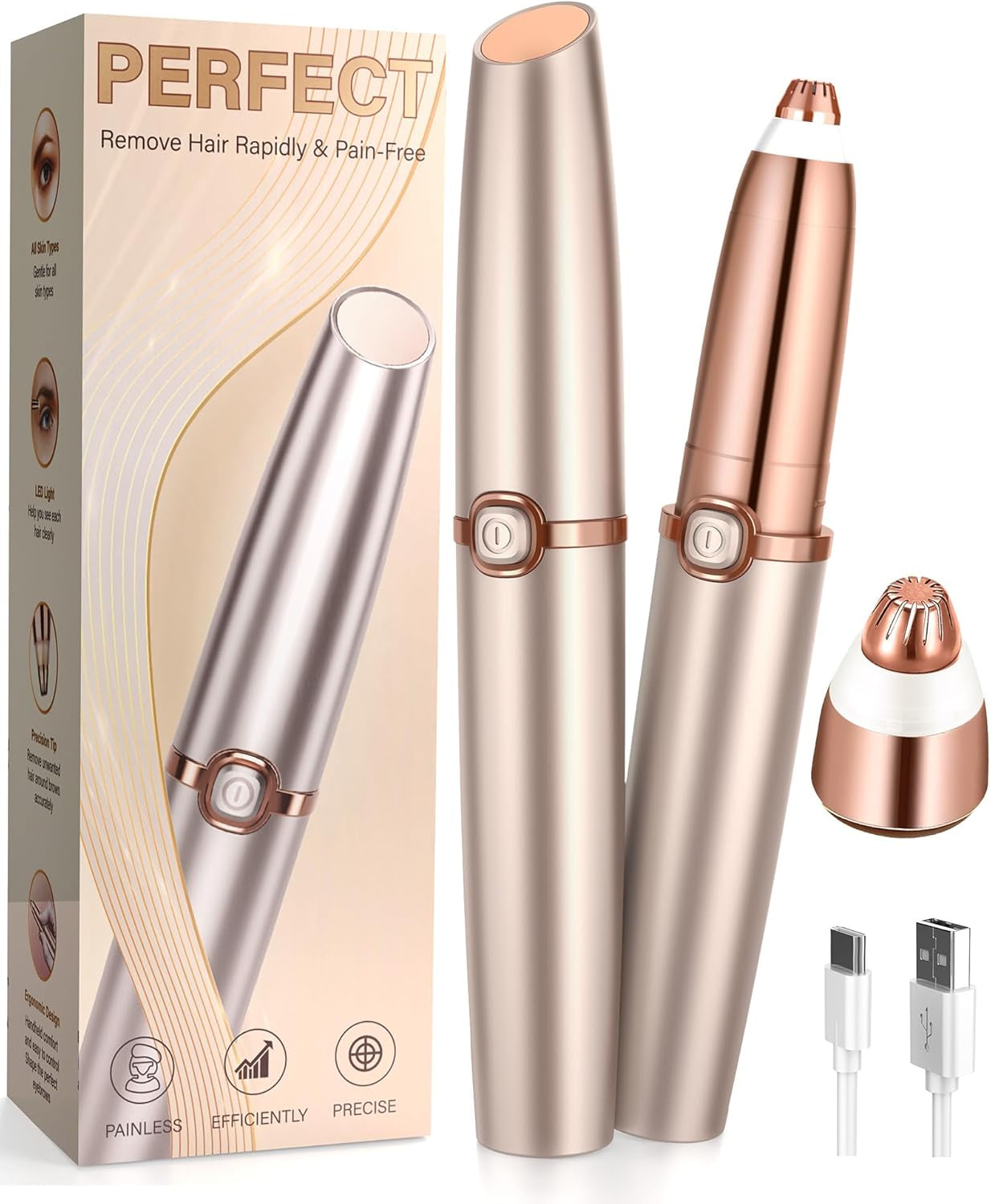 Eyebrow Trimmer for Women, Eyebrow Razor: Rechargeable Facial Hair Removal for Women with 2 Replacement Heads & LED Light, Electric Painless Eyebrow Shaver Hair Removal Device for Eyebrows/Lips/Face