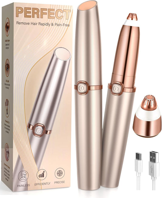 Eyebrow Trimmer for Women, Eyebrow Razor: Rechargeable Facial Hair Removal for Women with 2 Replacement Heads & LED Light, Electric Painless Eyebrow Shaver Hair Removal Device for Eyebrows/Lips/Face
